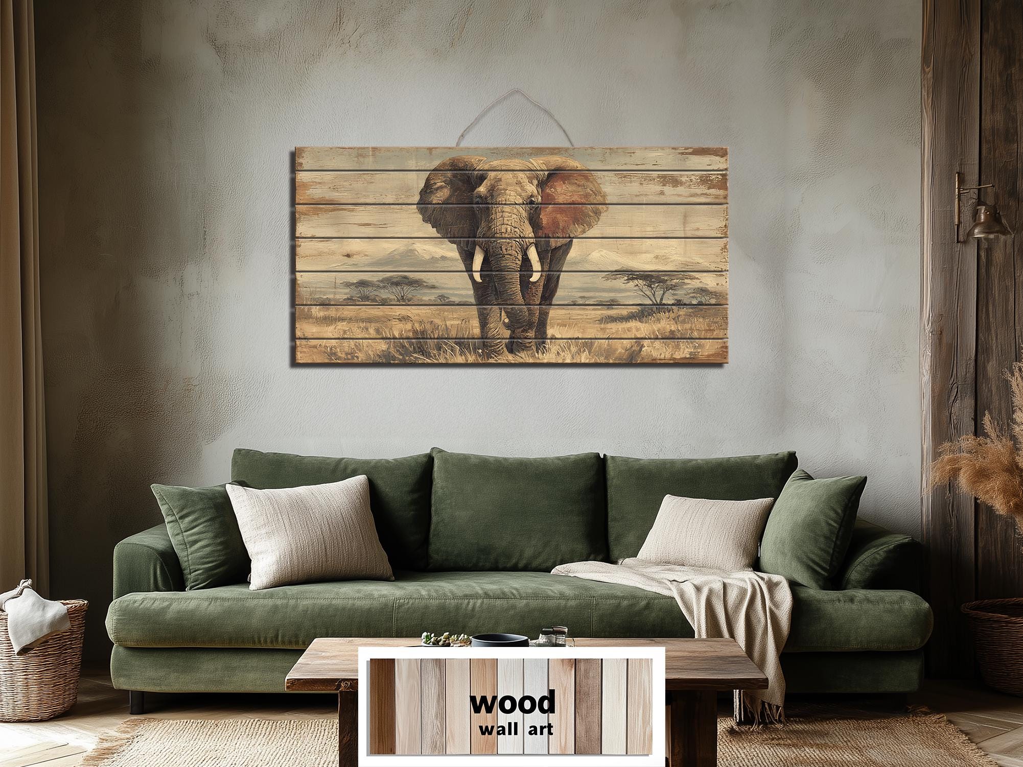 African Elephant Wall Art - Distressed Wood Plank Artwork | Wildlife Decor