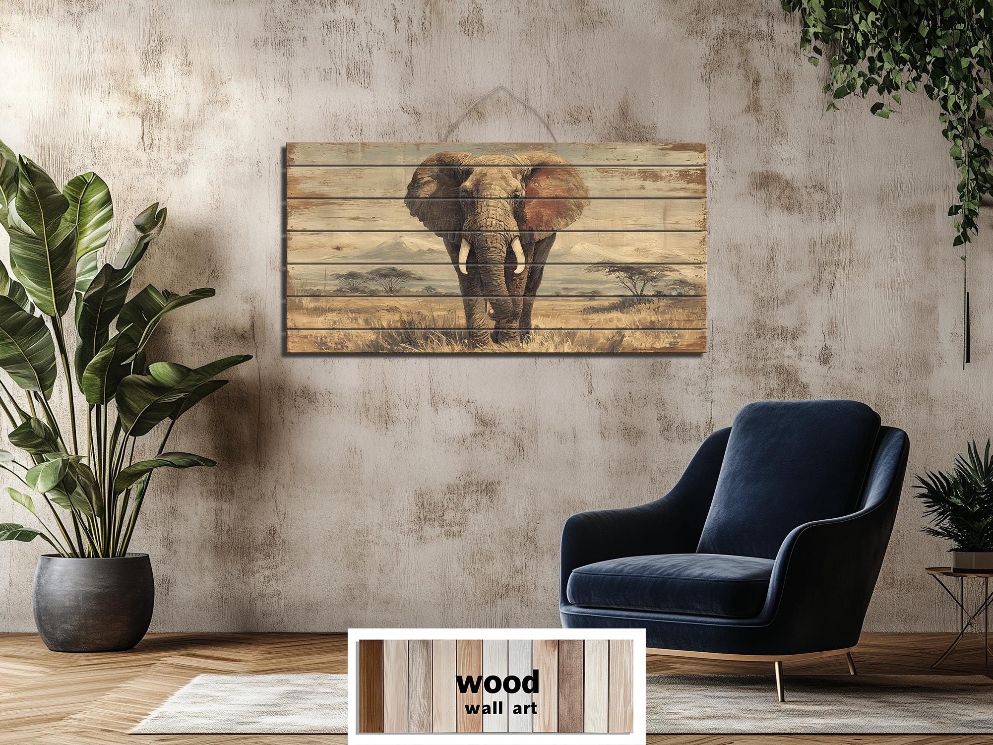 African Elephant Wall Art - Distressed Wood Plank Artwork | Wildlife Decor
