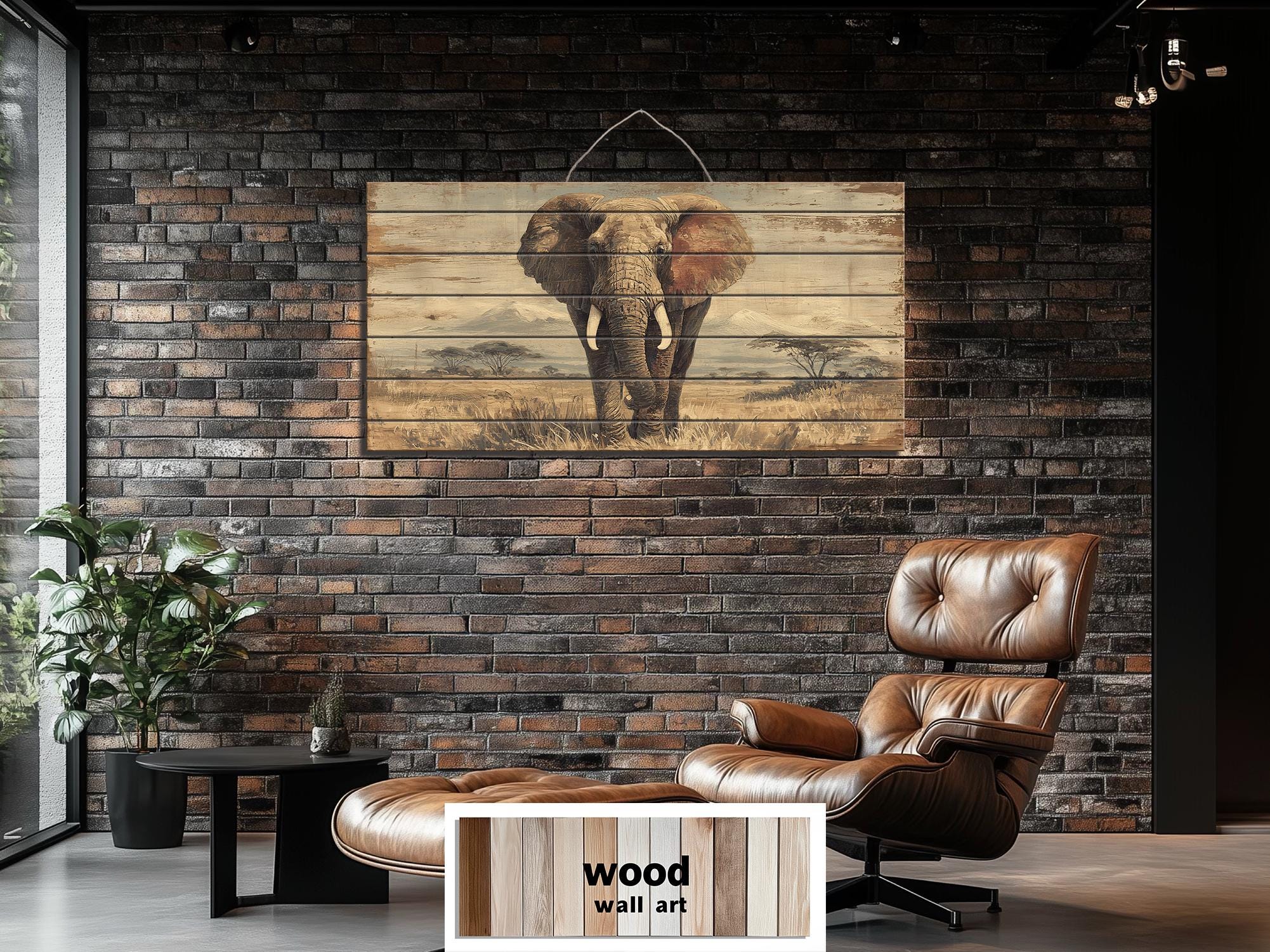 African Elephant Wall Art - Distressed Wood Plank Artwork | Wildlife Decor