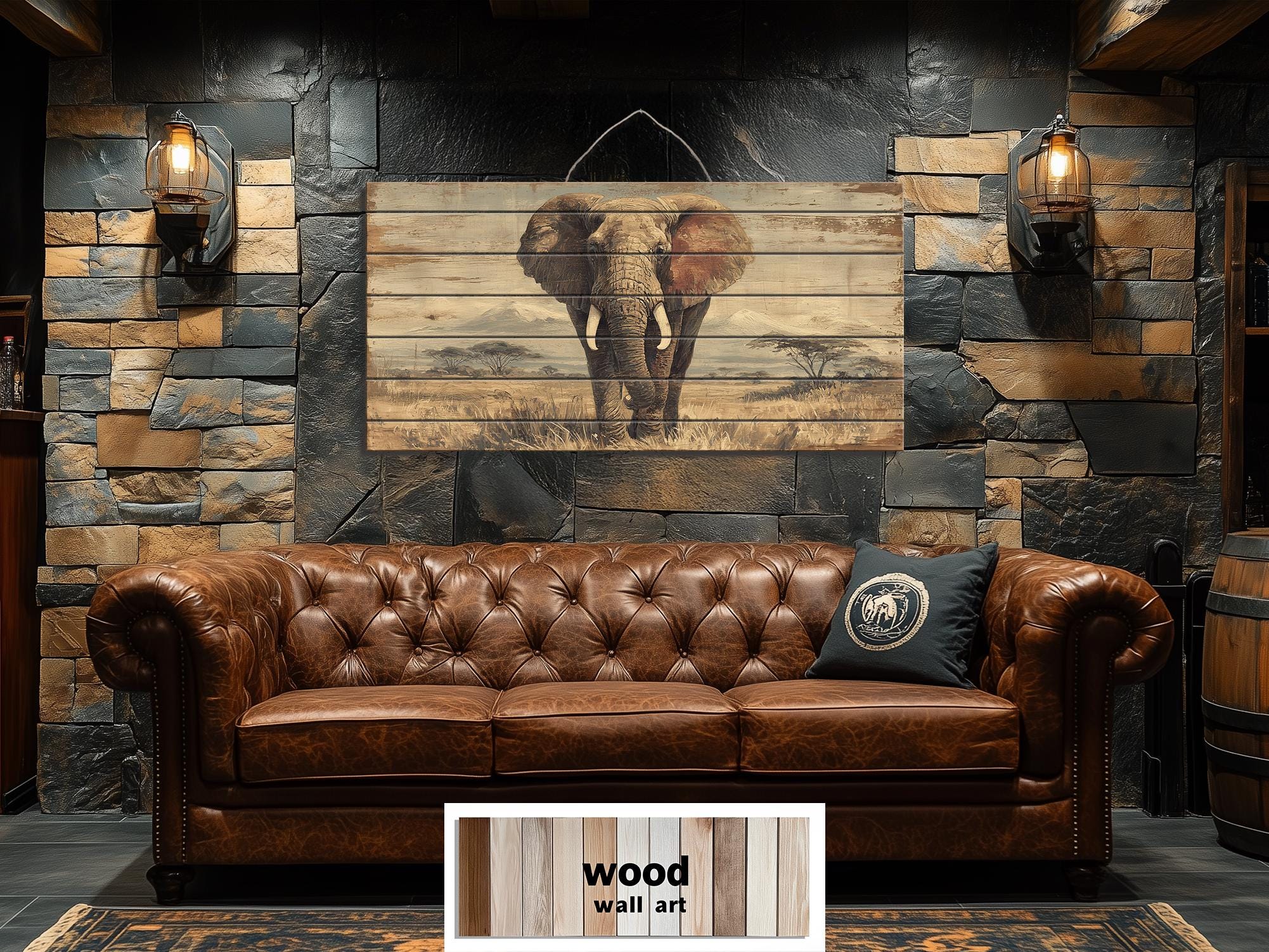 African Elephant Wall Art - Distressed Wood Plank Artwork | Wildlife Decor