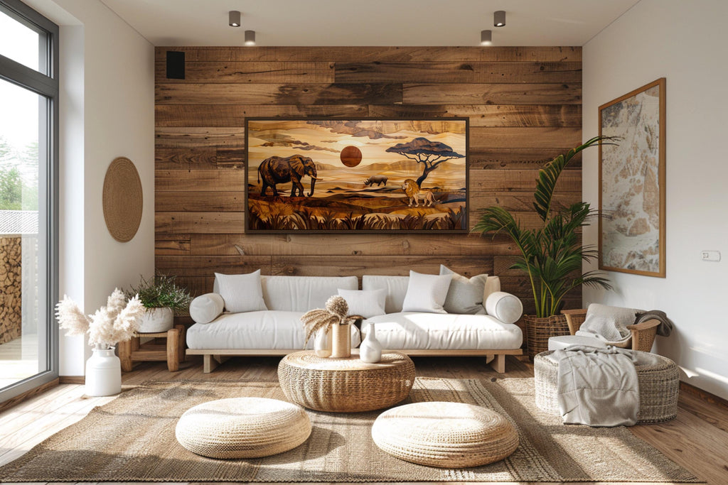 African  Savanna Landscape With Elephant, Rhinoceros,  Lion Wall Art