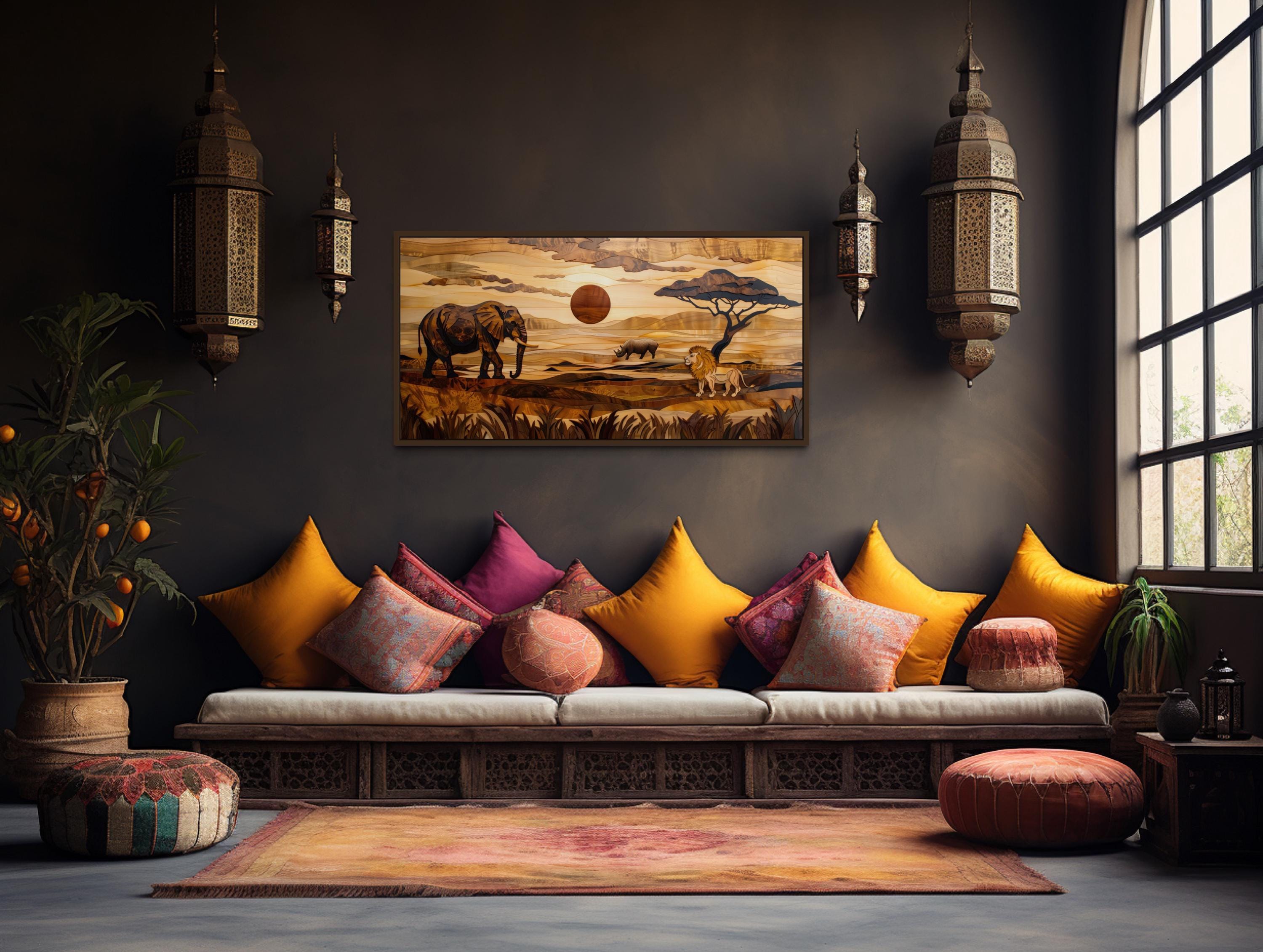 African  Savanna Landscape With Elephant, Rhinoceros,  Lion Wall Art