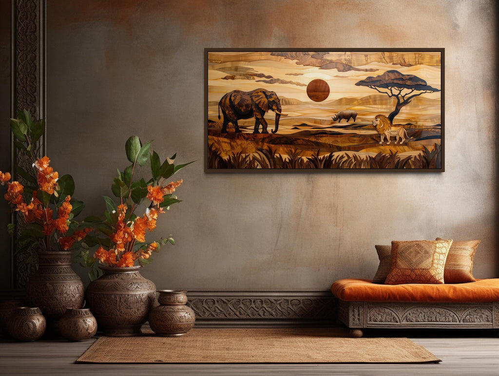 African  Savanna Landscape With Elephant, Rhinoceros,  Lion Wall Art