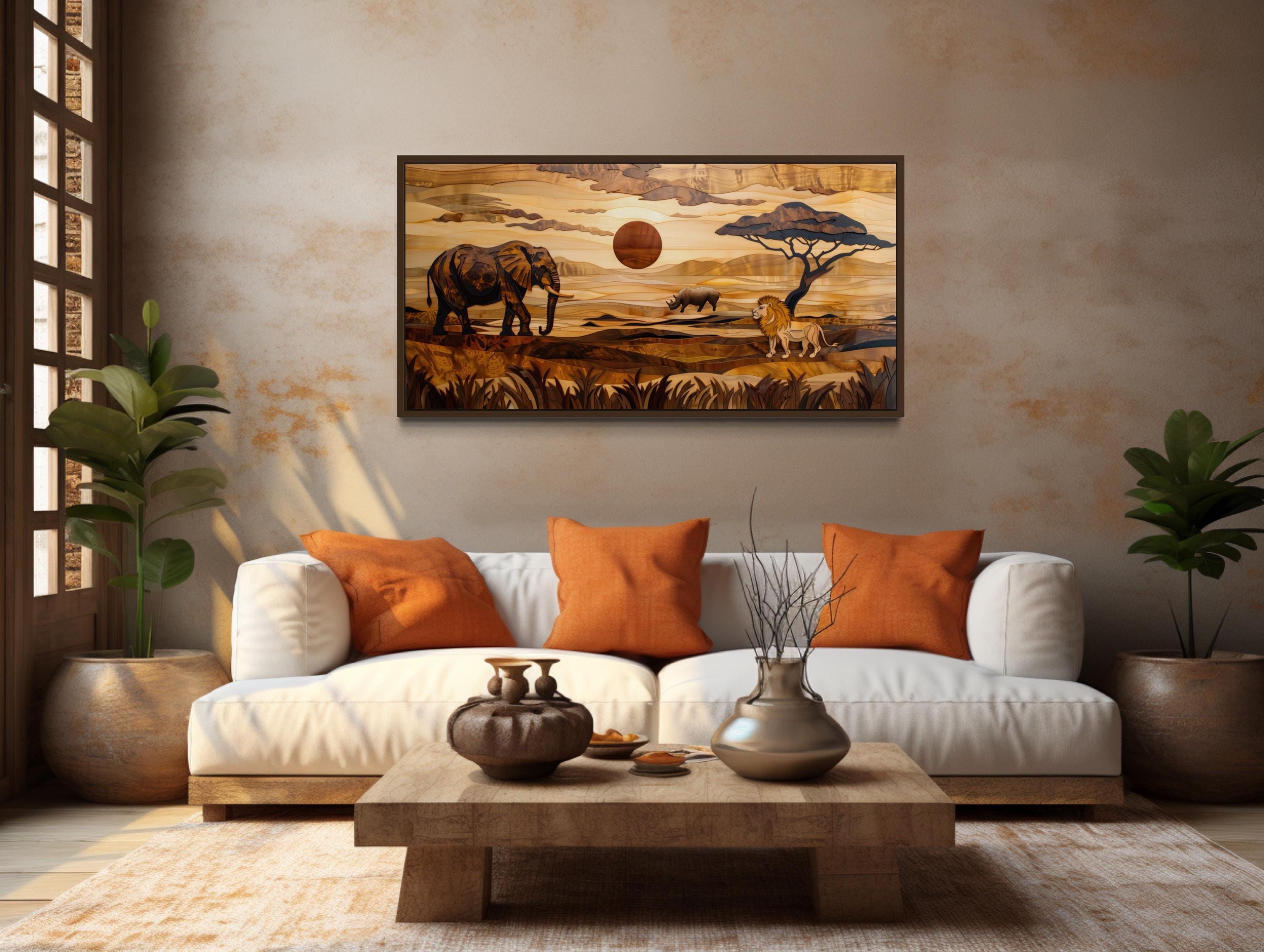 African  Savanna Landscape With Elephant, Rhinoceros,  Lion Wall Art