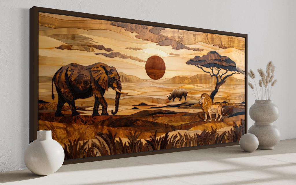 African  Savanna Landscape With Elephant, Rhinoceros,  Lion Wall Art