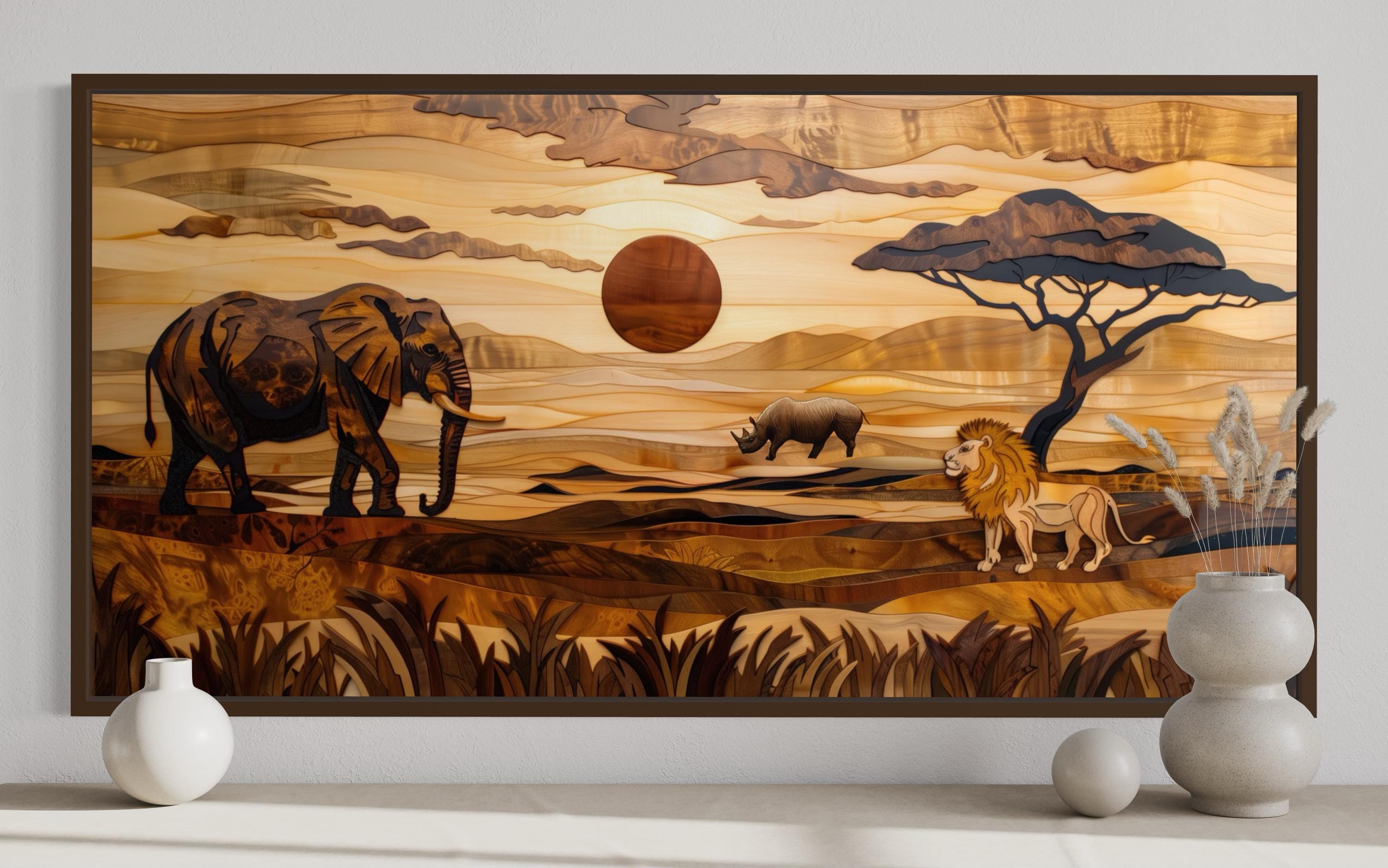 African  Savanna Landscape With Elephant, Rhinoceros,  Lion Wall Art