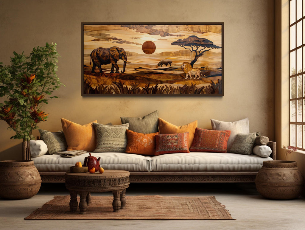 African  Savanna Landscape With Elephant, Rhinoceros,  Lion Wall Art