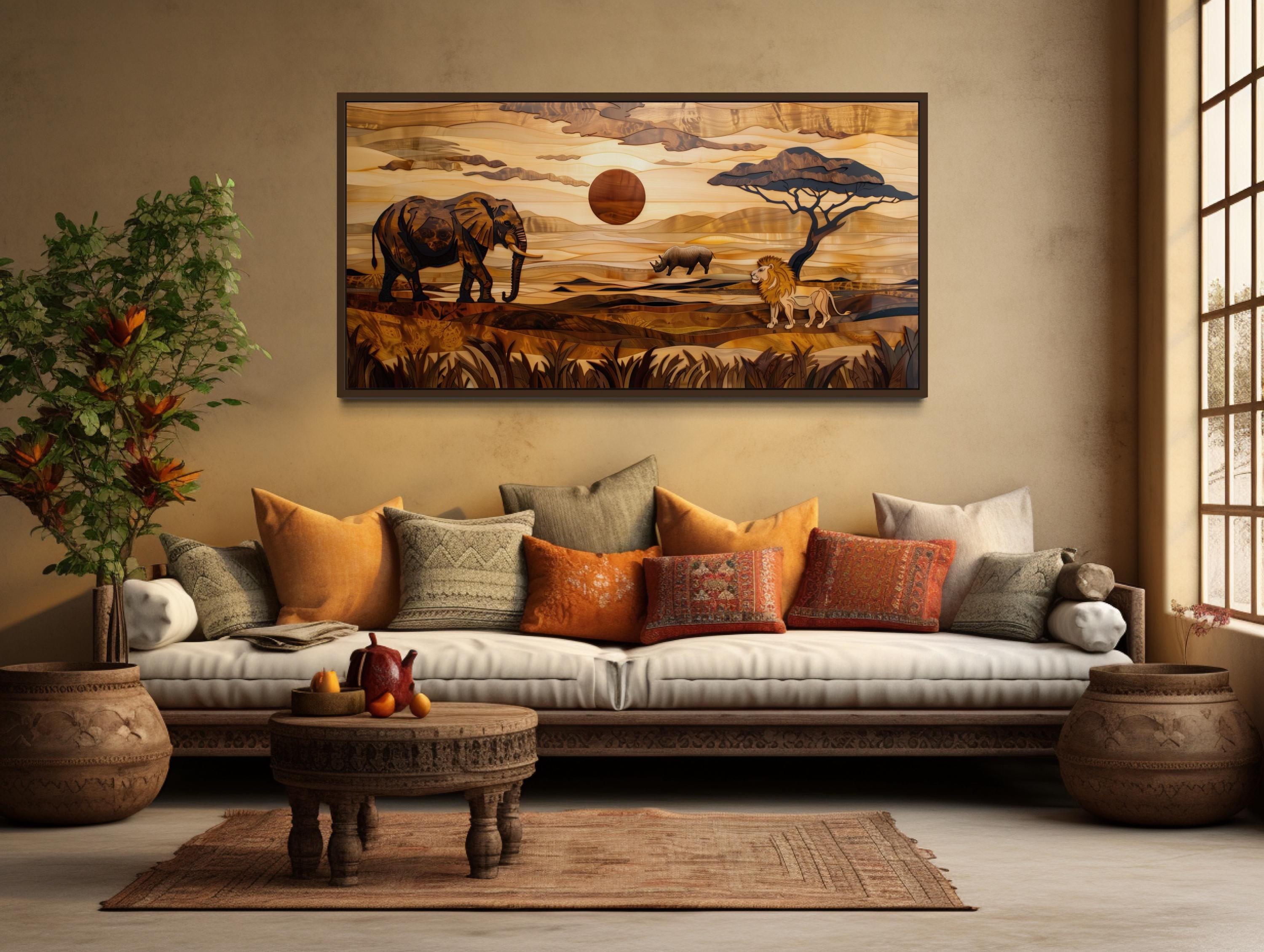 African  Savanna Landscape With Elephant, Rhinoceros,  Lion Wall Art