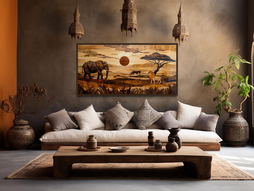 African  Savanna Landscape With Elephant, Rhinoceros,  Lion Wall Art