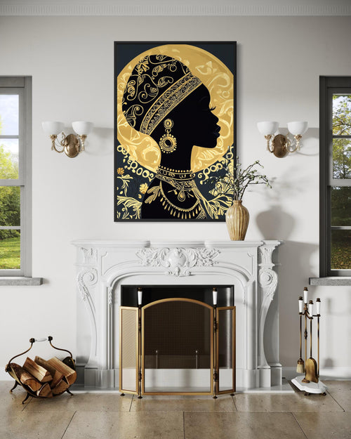 African Woman Wall Art - Black Gold Portrait Canvas Print | Elegant Cultural Headwrap Decor