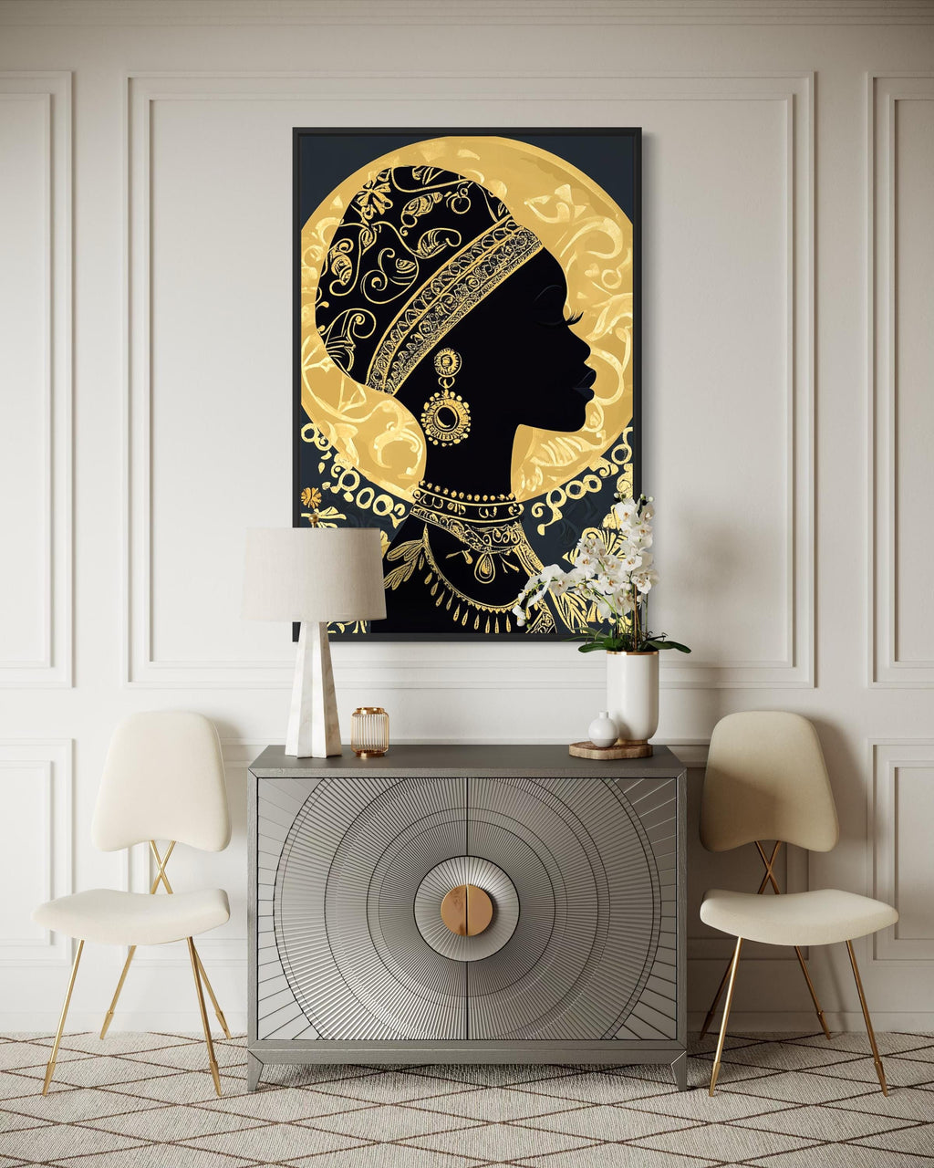 African Woman Wall Art - Black Gold Portrait Canvas Print | Elegant Cultural Headwrap Decor