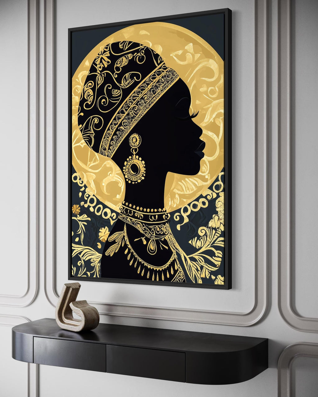 African Woman Wall Art - Black Gold Portrait Canvas Print | Elegant Cultural Headwrap Decor