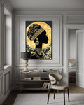 African Woman Wall Art - Black Gold Portrait Canvas Print | Elegant Cultural Headwrap Decor