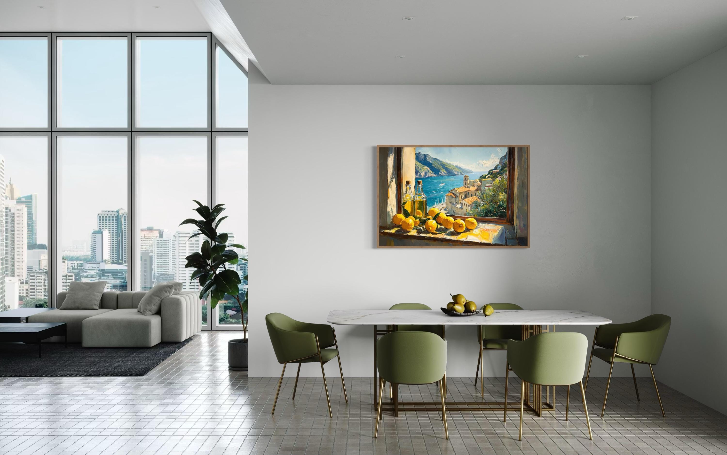 Amalfi Coast Window View With Lemons And Olive Wall Art For Dining Room Decor