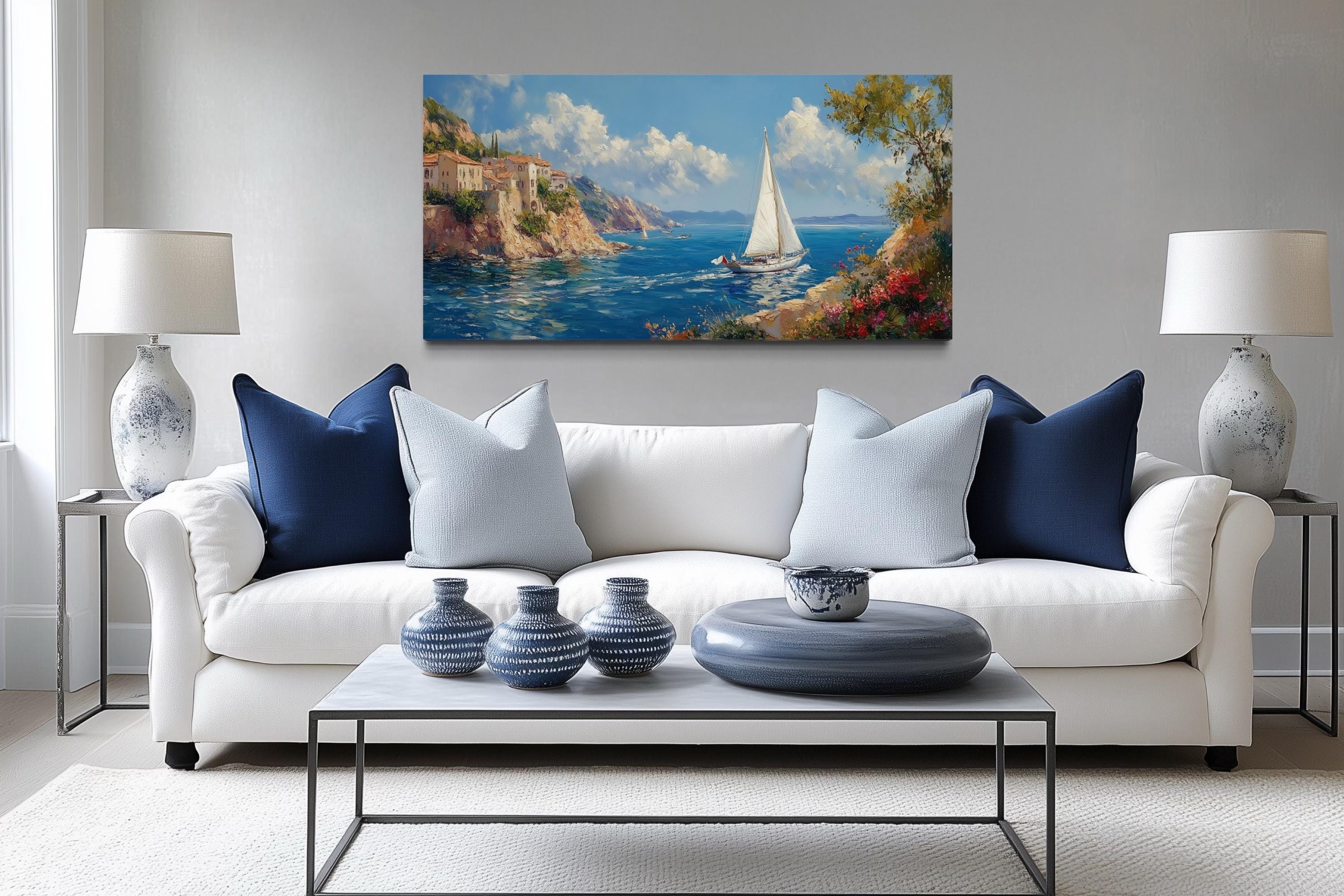 Amalfi Coast With Sail Boat Framed Canvas Wall Art