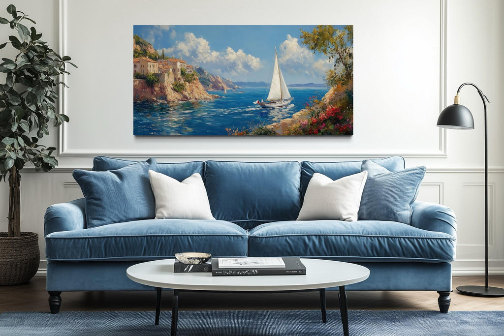 Amalfi Coast With Sail Boat Framed Canvas Wall Art