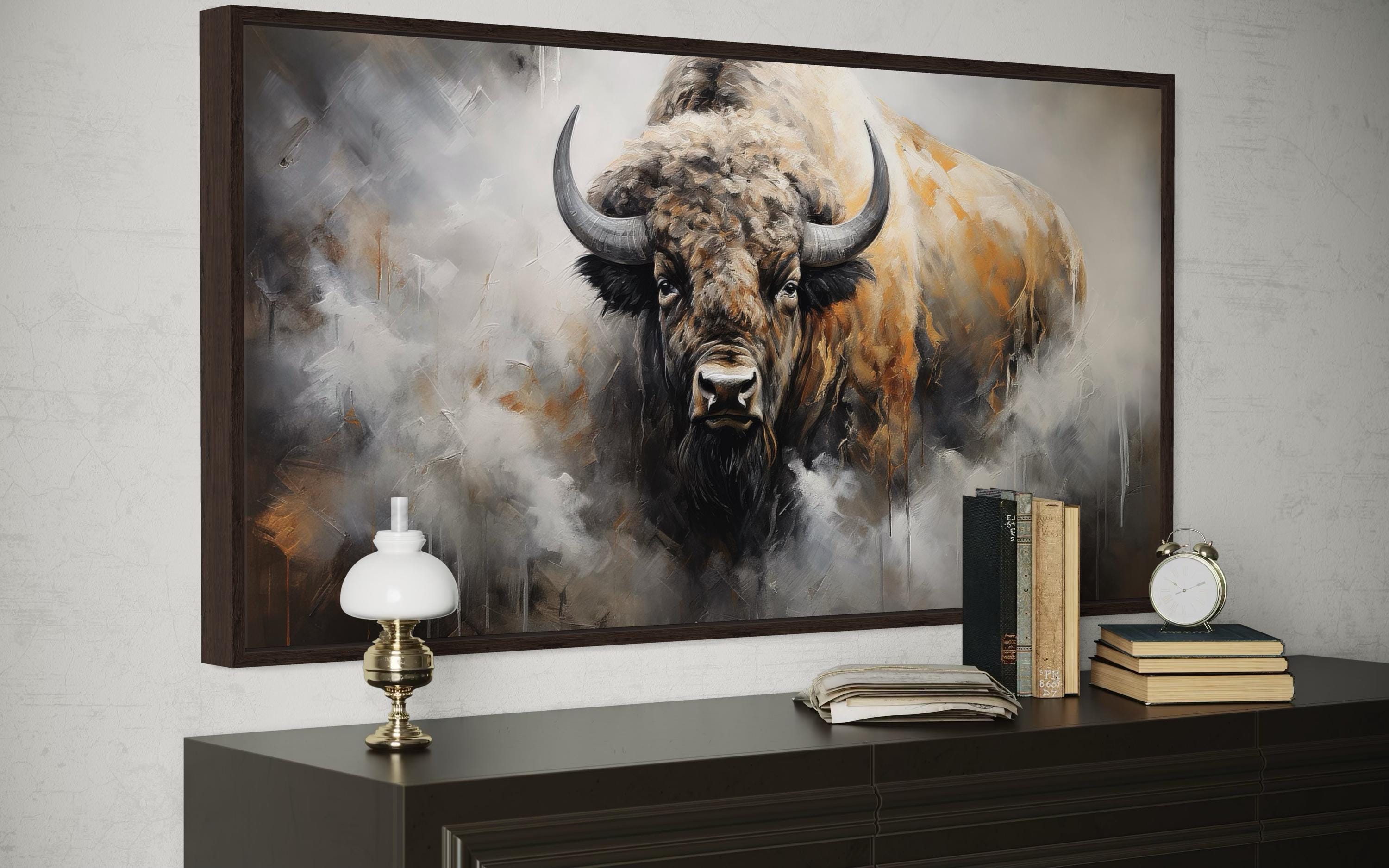 American Bison Abstract Dripping Paint Framed Canvas Wall Art