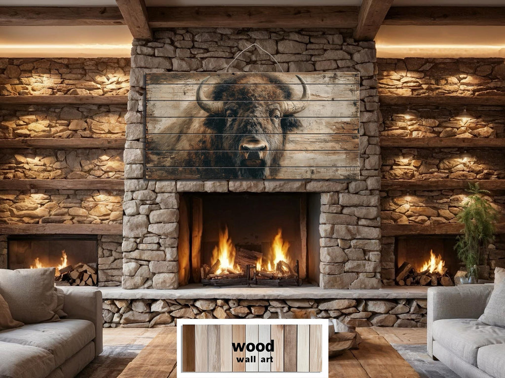 American Bison Portrait Large Horizontal Wood Wall Art For Rustic Western Cabin  Or Man Cave Decor
