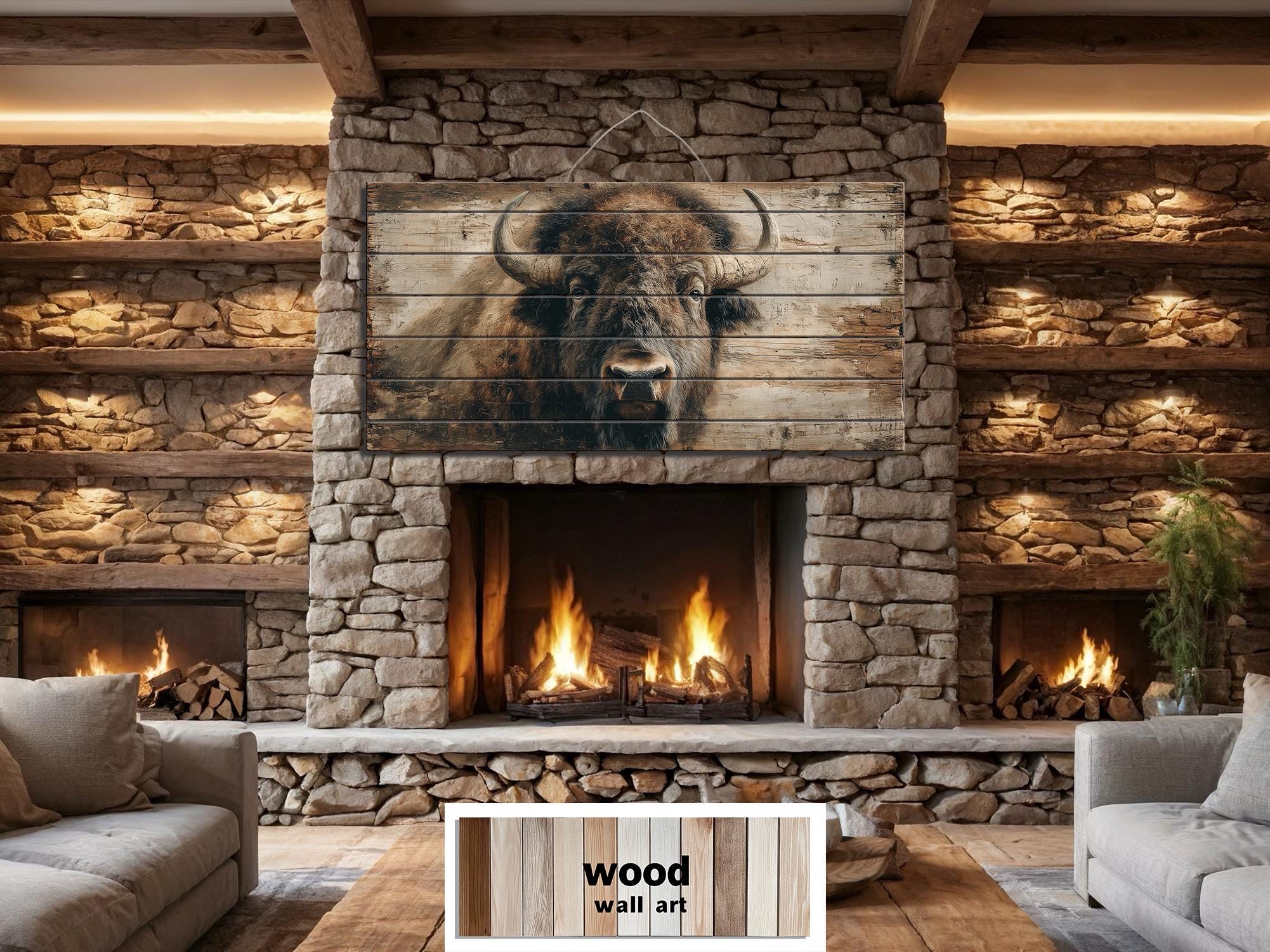 American Bison Portrait Large Horizontal Wood Wall Art For Rustic Western Cabin  Or Man Cave Decor