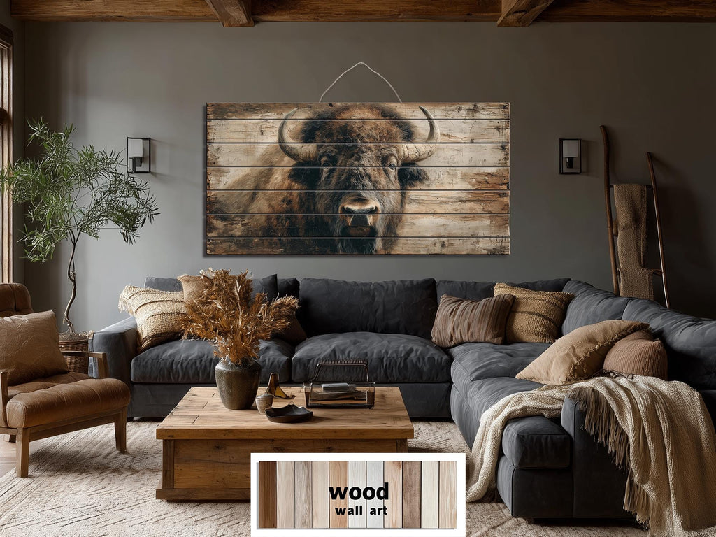 American Bison Portrait Large Horizontal Wood Wall Art For Rustic Western Cabin  Or Man Cave Decor