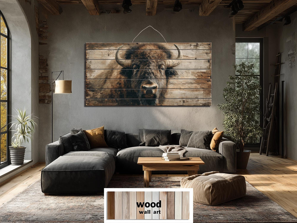 American Bison Portrait Large Horizontal Wood Wall Art For Rustic Western Cabin  Or Man Cave Decor