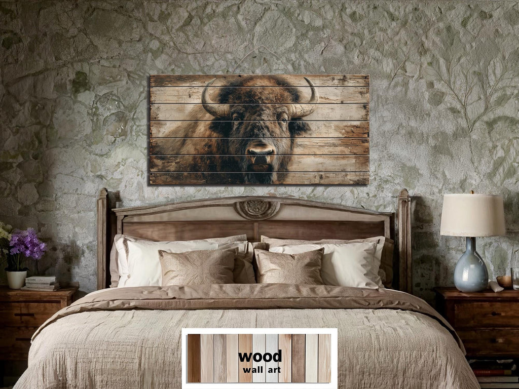 American Bison Portrait Large Horizontal Wood Wall Art For Rustic Western Cabin  Or Man Cave Decor