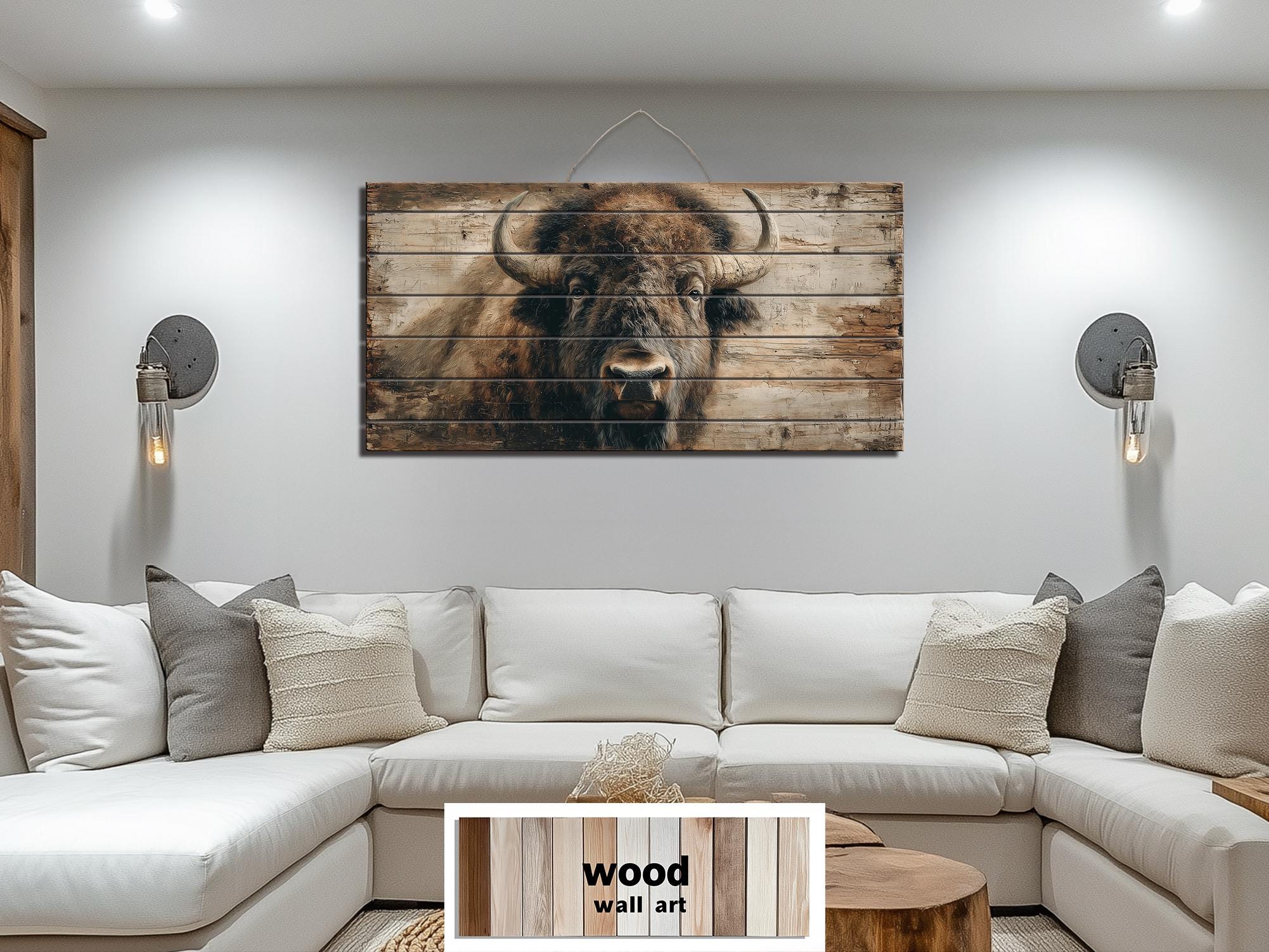 American Bison Portrait Large Horizontal Wood Wall Art For Rustic Western Cabin  Or Man Cave Decor