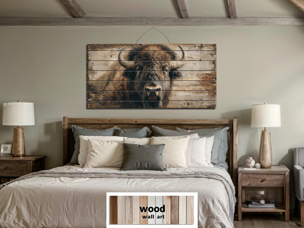 American Bison Portrait Large Horizontal Wood Wall Art For Rustic Western Cabin  Or Man Cave Decor