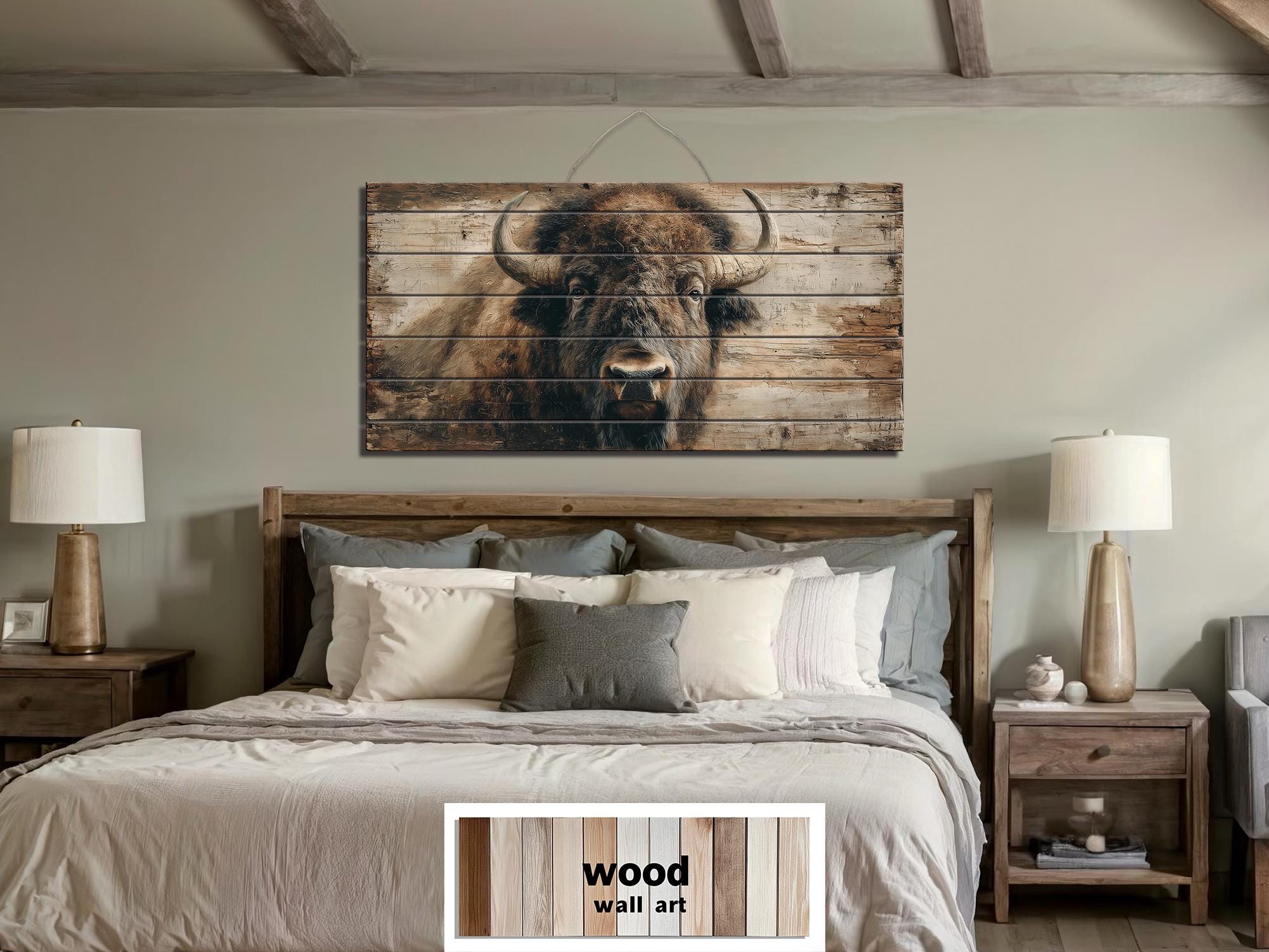 American Bison Portrait Large Horizontal Wood Wall Art For Rustic Western Cabin  Or Man Cave Decor