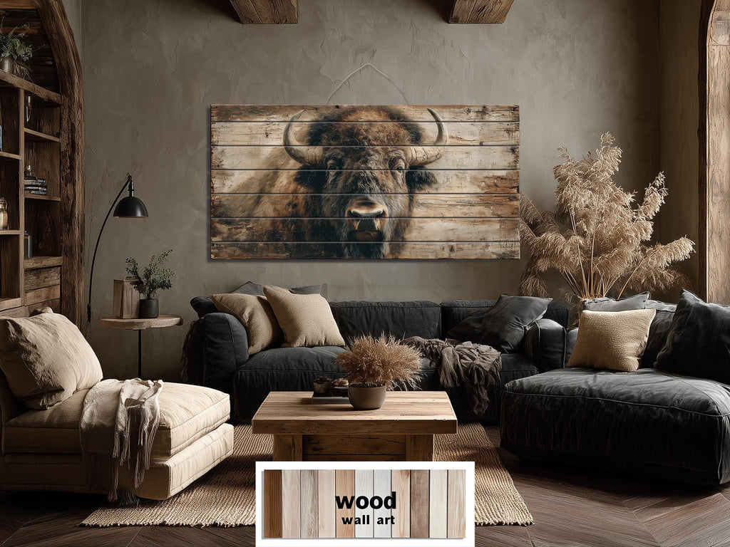 American Bison Portrait Large Horizontal Wood Wall Art For Rustic Western Cabin  Or Man Cave Decor