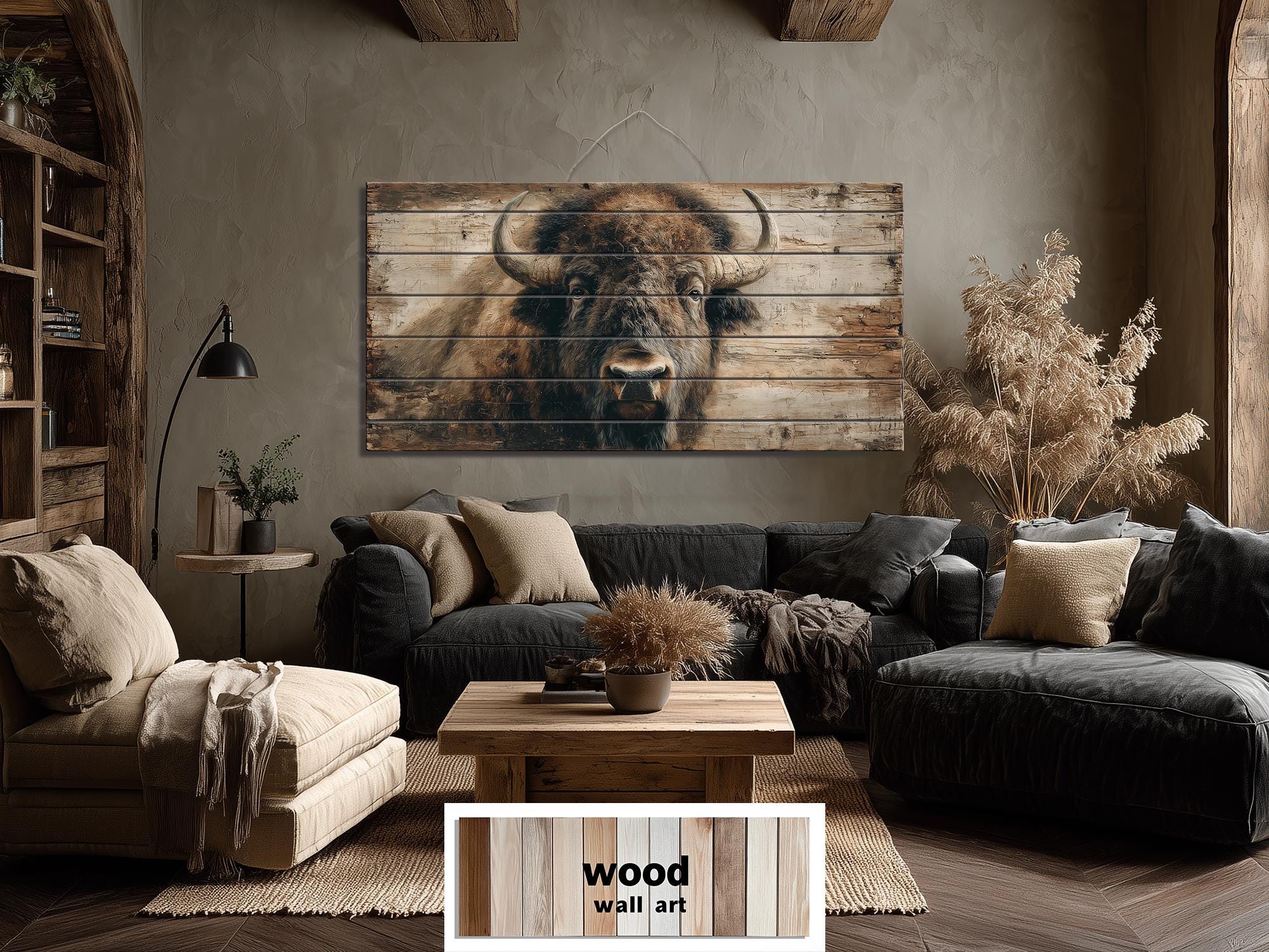 American Bison Portrait Large Horizontal Wood Wall Art For Rustic Western Cabin  Or Man Cave Decor