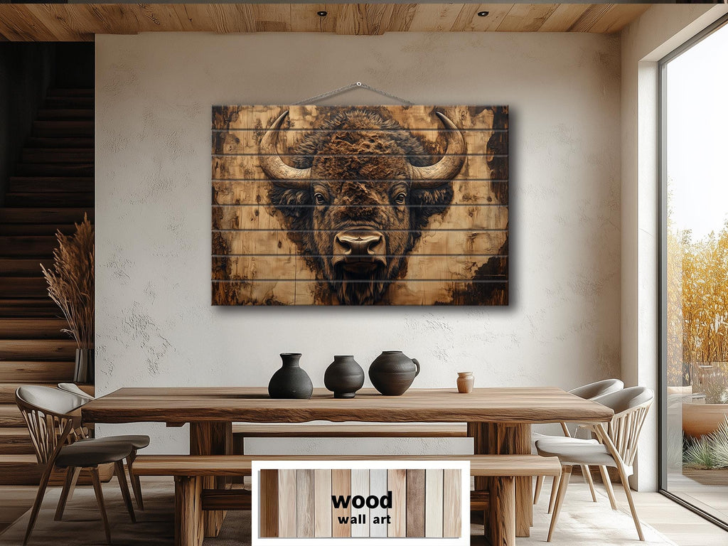 American Bison Portrait Real Wood Wall Art