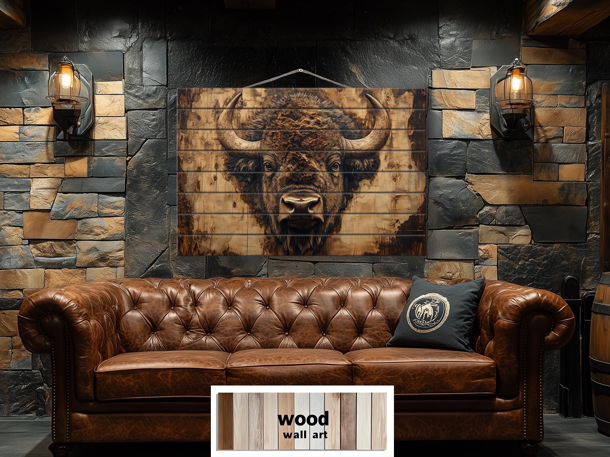 American Bison Portrait Real Wood Wall Art