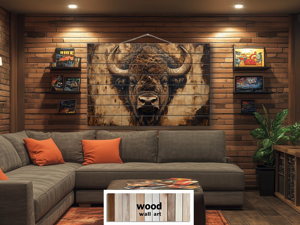 American Bison Portrait Real Wood Wall Art