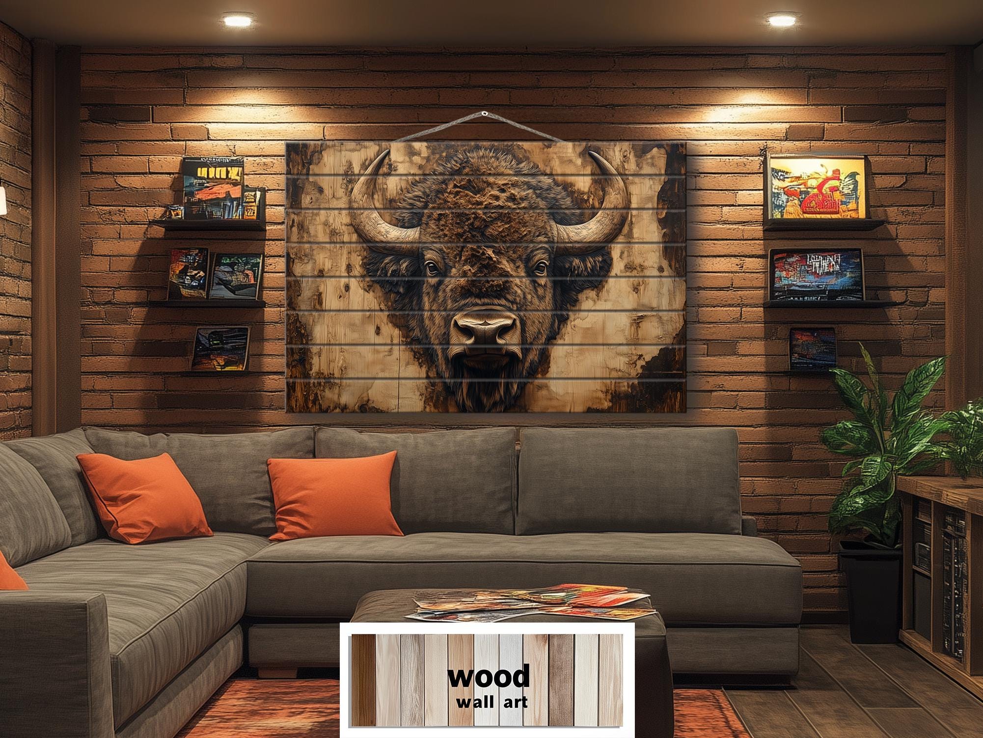 American Bison Portrait Real Wood Wall Art