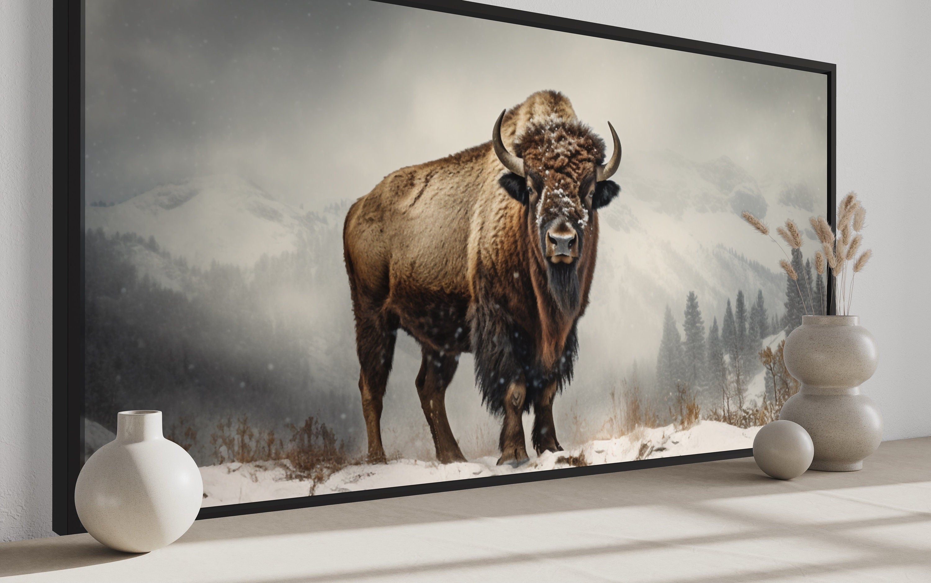 American Bison Wall Art – Framed Canvas Print | Rustic Man Cave Wildlife Decor