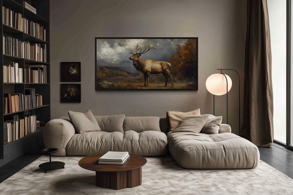 Antique Elk In Autumn Mountains Framed Canvas Wall Art