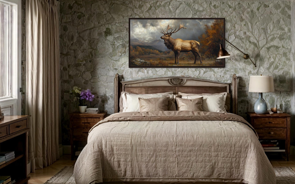 Antique Elk In Autumn Mountains Framed Canvas Wall Art