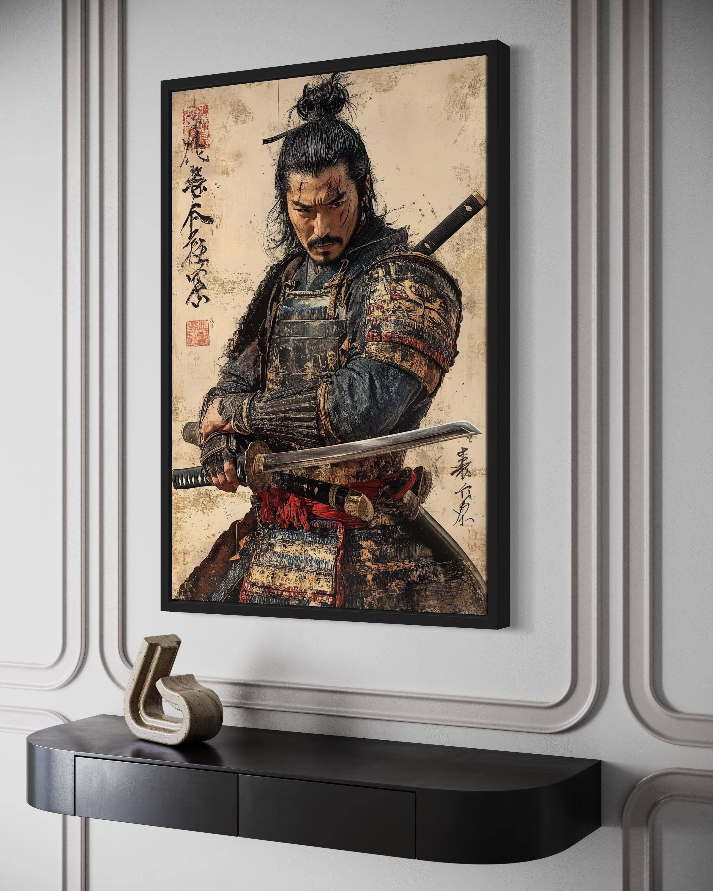 Antique Samurai Portrait Framed Canvas Wall Art