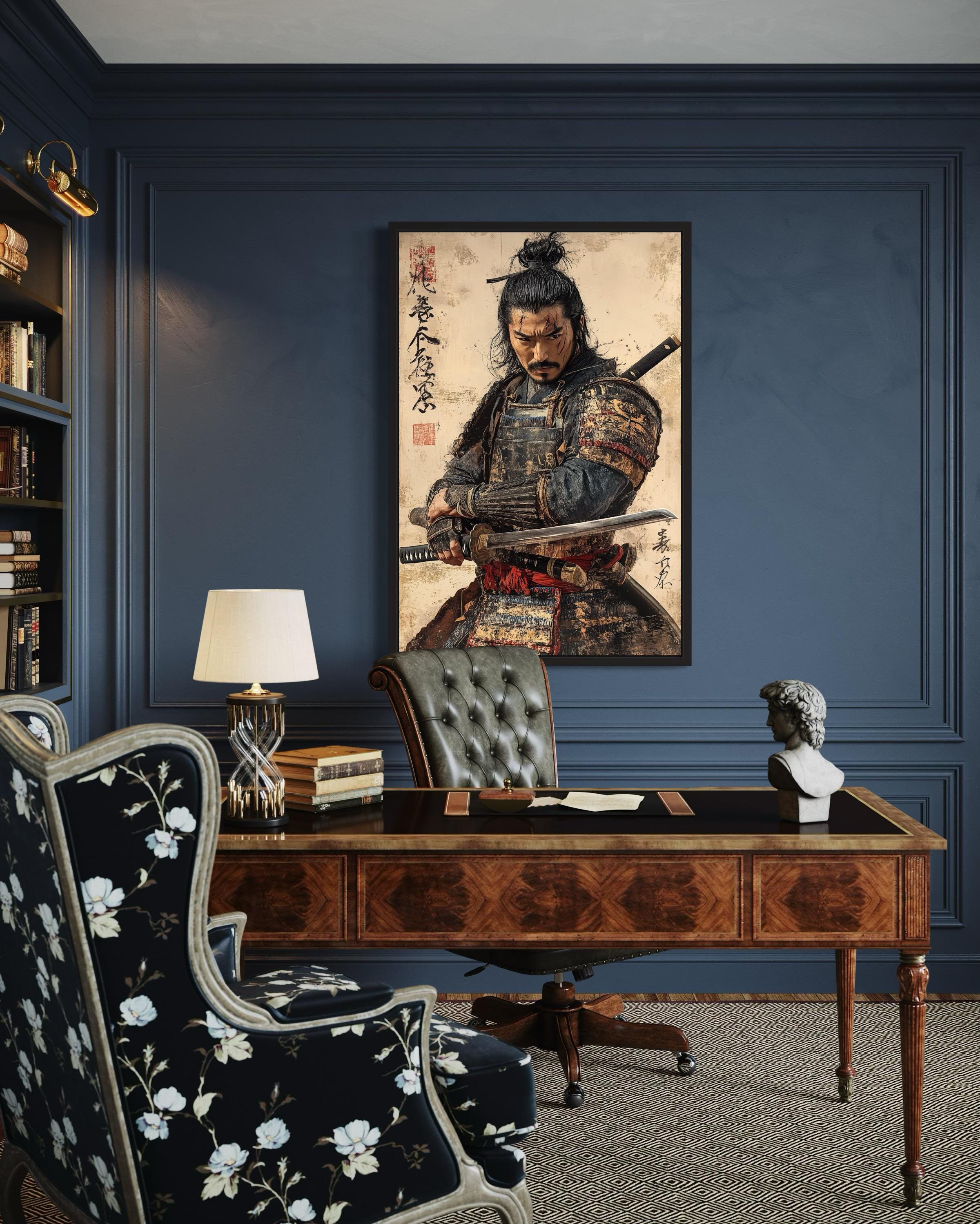 Antique Samurai Portrait Framed Canvas Wall Art