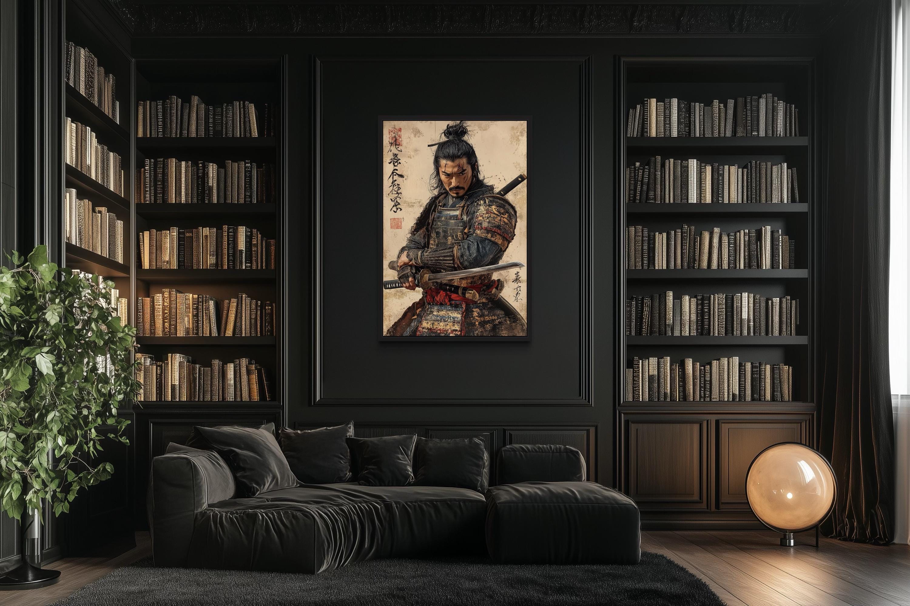 Antique Samurai Portrait Framed Canvas Wall Art