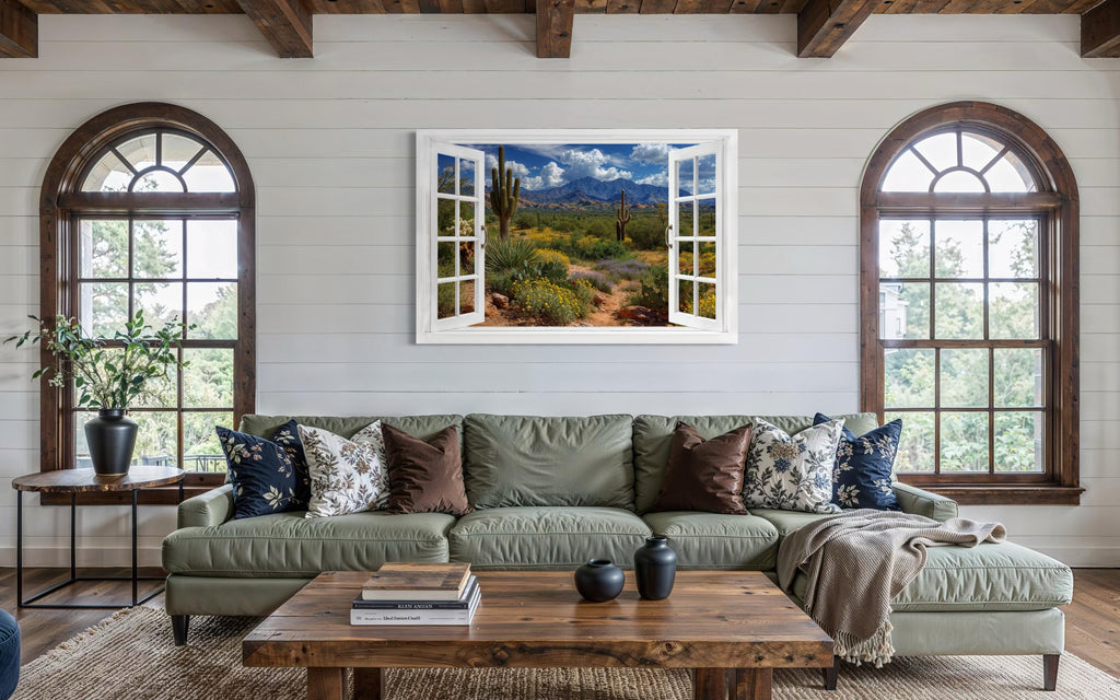 Arizona Desert And Saguaro Cactus Fake Window View Wall Art