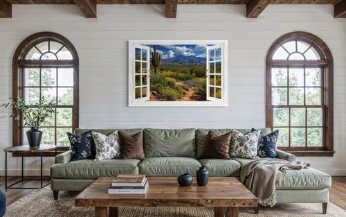 Arizona Desert And Saguaro Cactus Fake Window View Wall Art