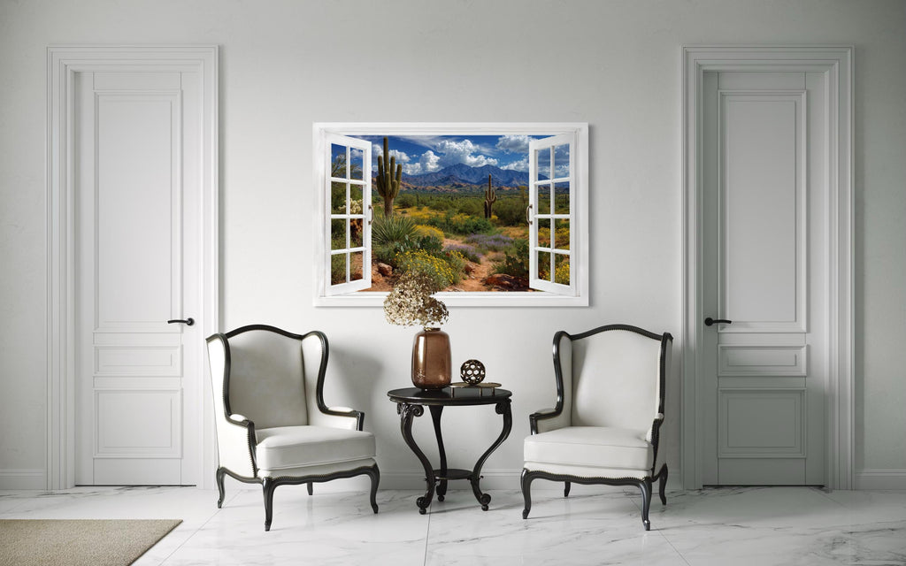 Arizona Desert And Saguaro Cactus Fake Window View Wall Art