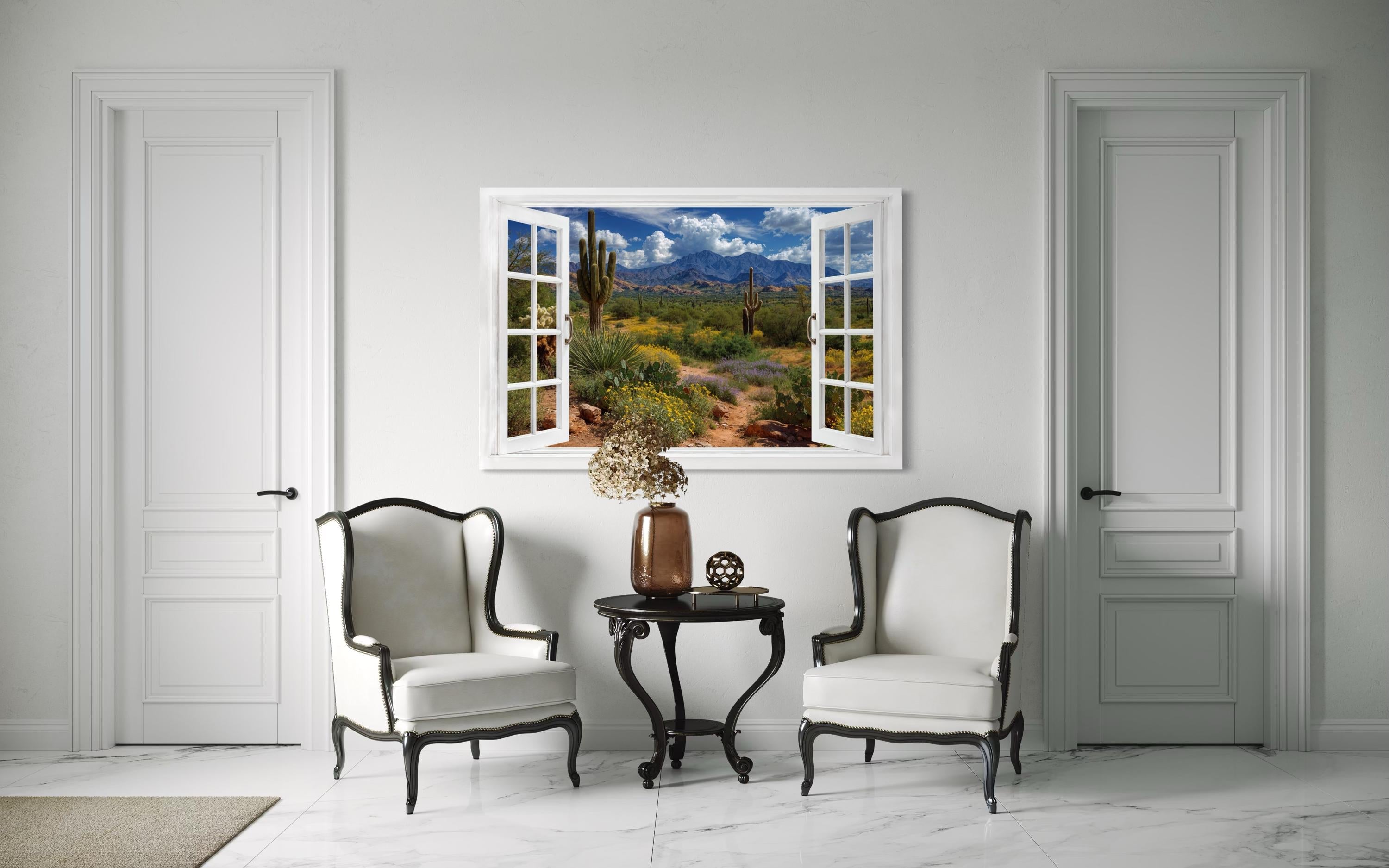 Arizona Desert And Saguaro Cactus Fake Window View Wall Art