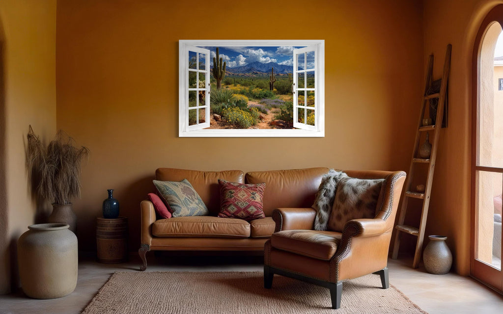 Arizona Desert And Saguaro Cactus Fake Window View Wall Art