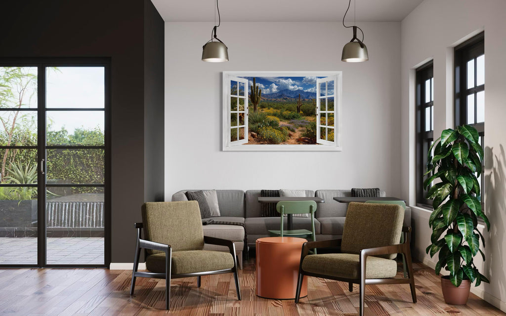 Arizona Desert And Saguaro Cactus Fake Window View Wall Art