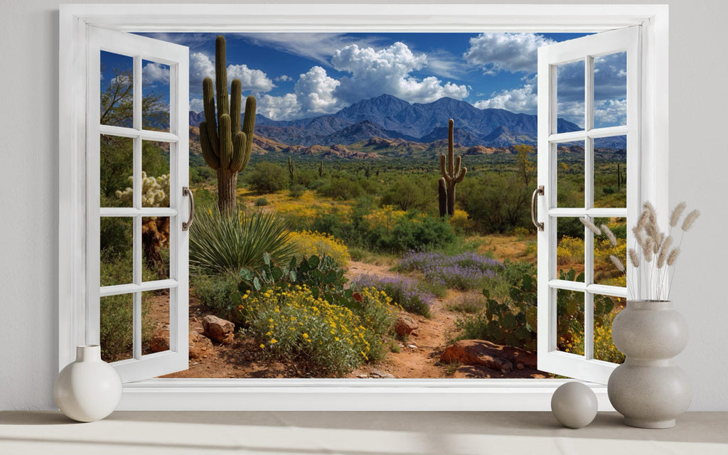 Arizona Desert And Saguaro Cactus Fake Window View Wall Art