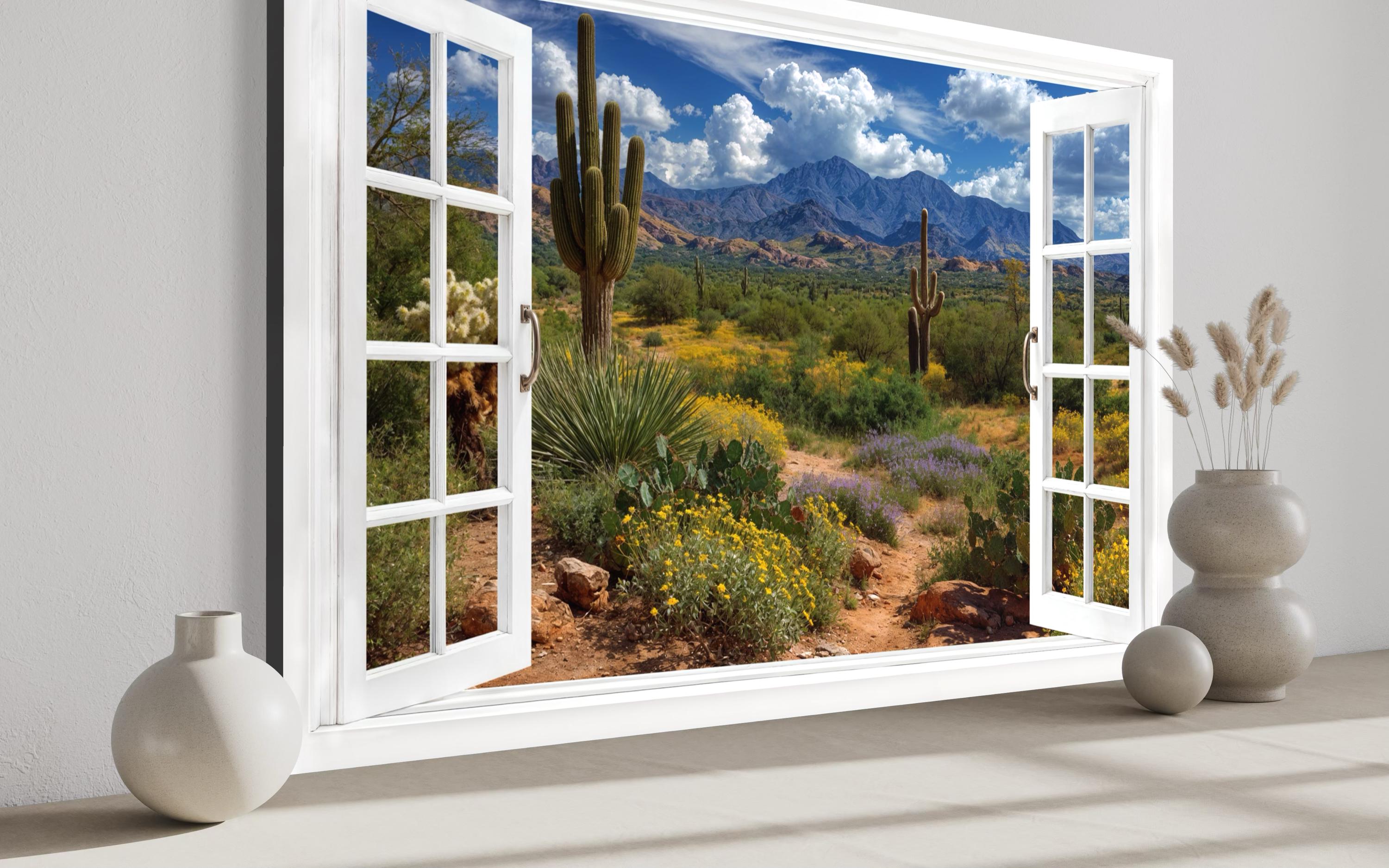 Arizona Desert And Saguaro Cactus Fake Window View Wall Art