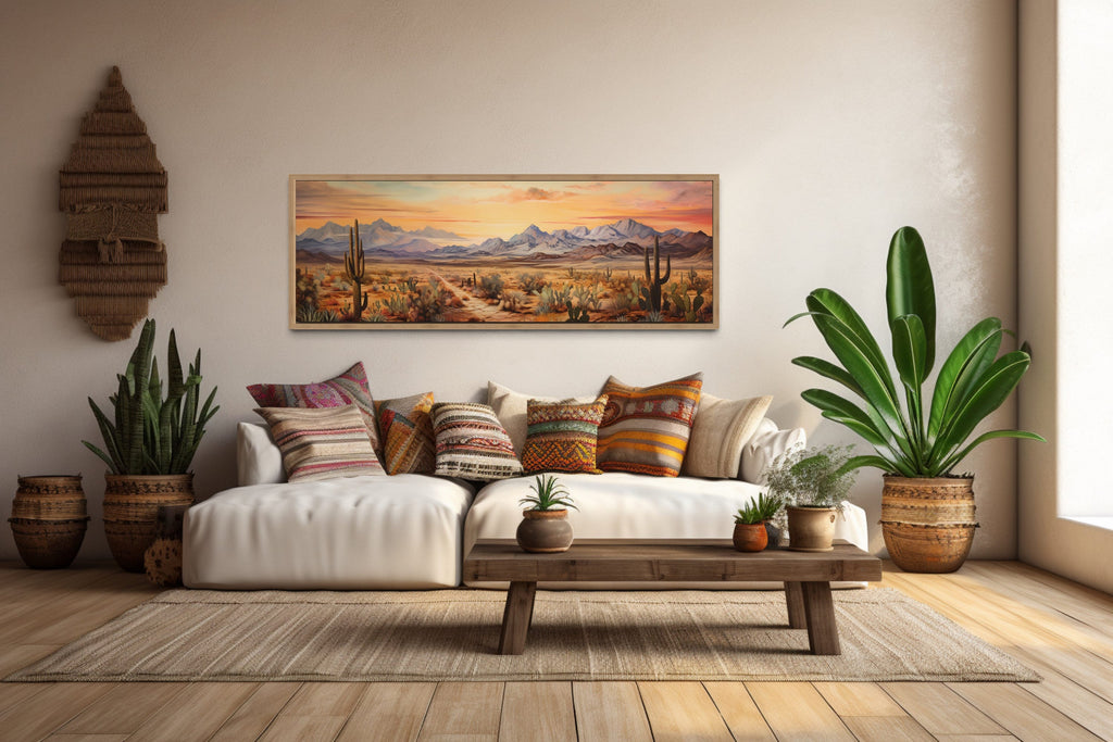 Arizona Desert Landscape At Sunset Long Horizontal Framed Canvas Wall Art